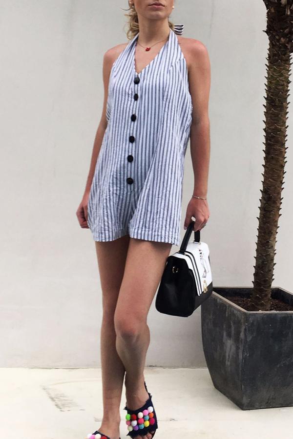 Halter Sleeveless Striped Single Breasted Romper Jumpsuits & Rompers 5201805021530 