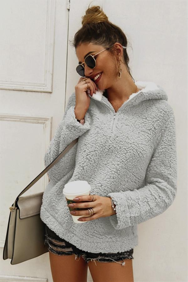 High Neck Zip Plush Sweatshirt - Pavacat