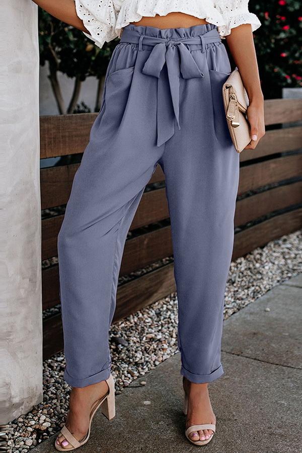 High Waist Bandage Casual Slacks Pants 5201906151552 L lightblue 