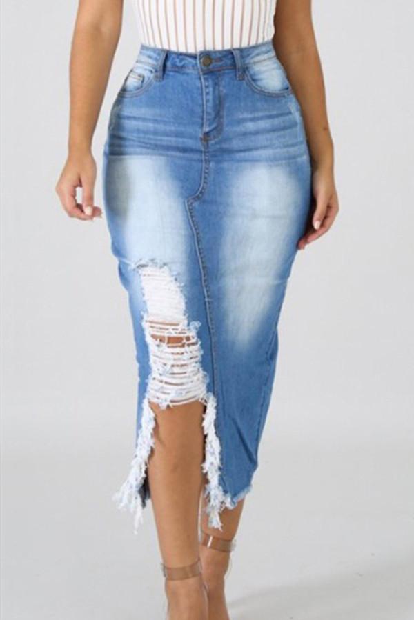 High Waist Ripped Destroyed Denim Skirt - Pavacat