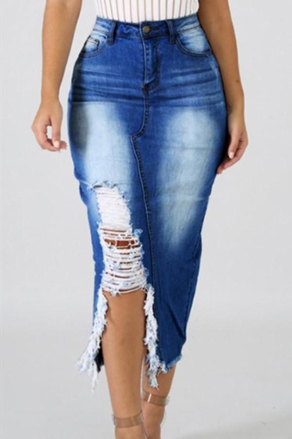 High Waist Ripped Destroyed Denim Skirt - Pavacat