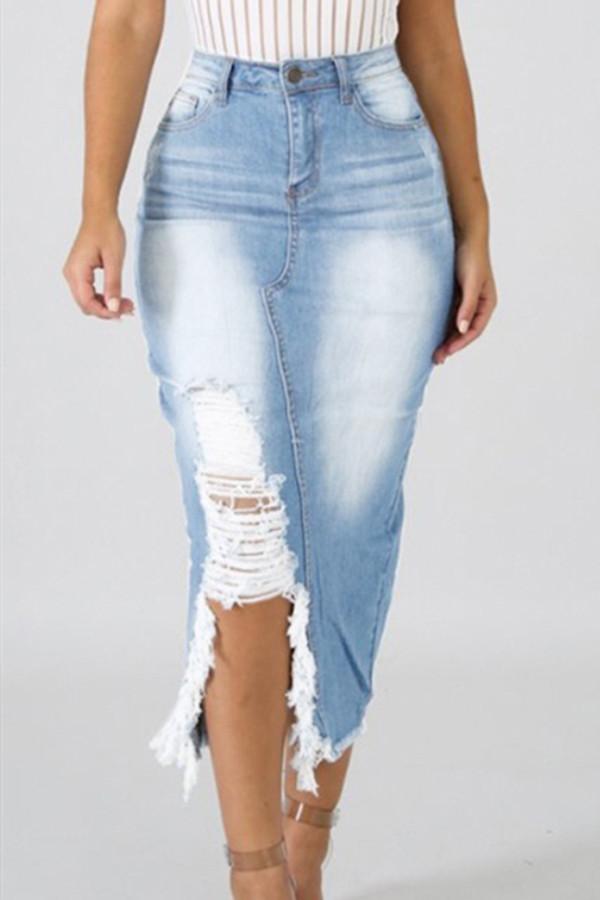 High Waist Ripped Destroyed Denim Skirt - Pavacat