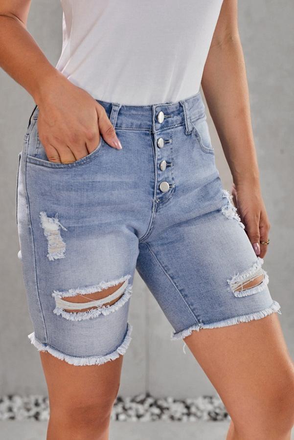 High-waisted Hole Single-breasted Denim Pants - Pavacat