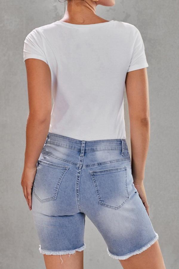 High-waisted Hole Single-breasted Denim Pants - Pavacat