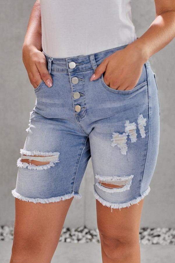 High-waisted Hole Single-breasted Denim Pants - Pavacat