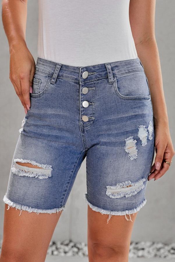 High-waisted Hole Single-breasted Denim Pants - Pavacat