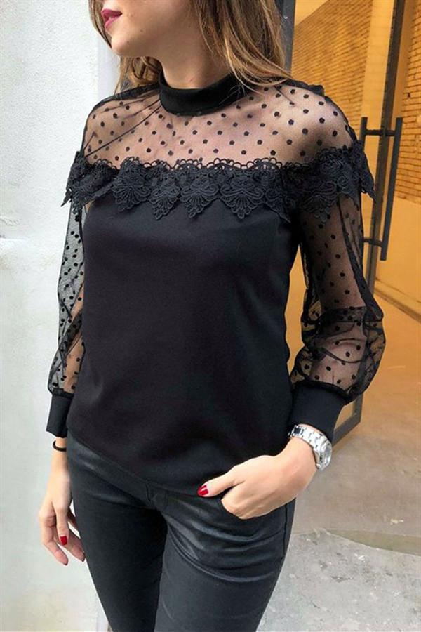 Lace Hollow Out Long Sleeve Top Blouses & Shirts 5201901201215 