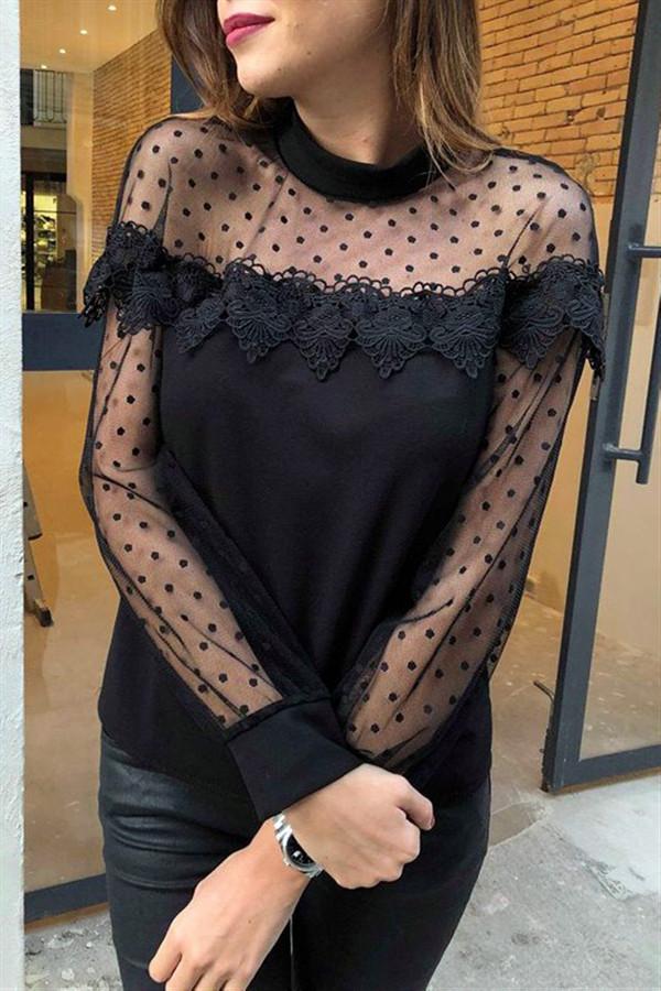 Lace Hollow Out Long Sleeve Top Blouses & Shirts 5201901201215 