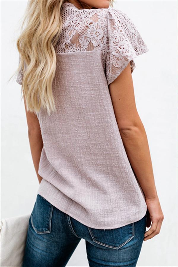 Lace Hollow Out Round Neck Tee Blouses & Shirts 5201901201215 