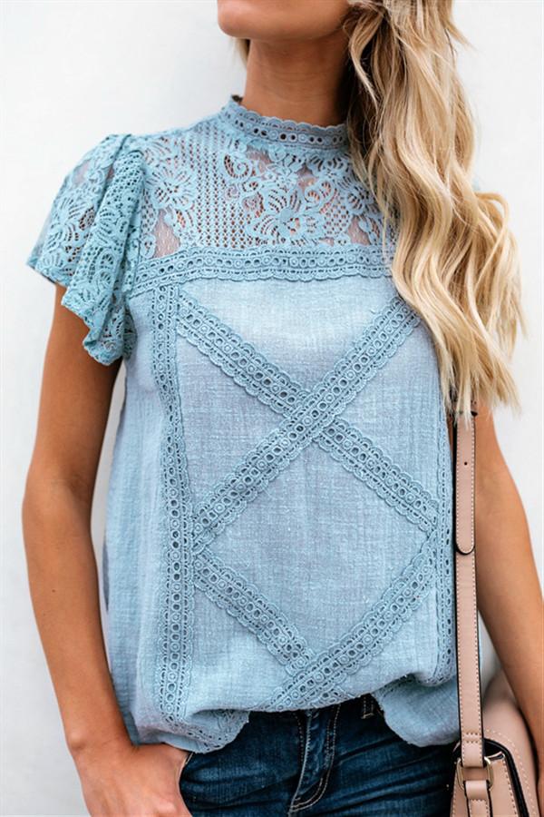 Lace Hollow Out Round Neck Tee Blouses & Shirts 5201901201215 L blue 