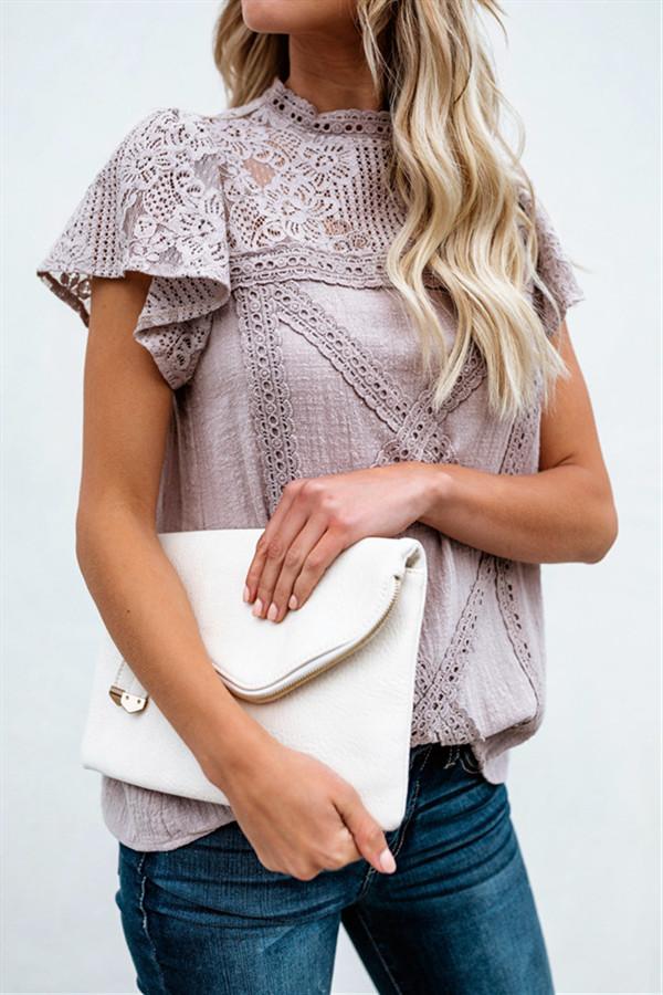 Lace Hollow Out Round Neck Tee Blouses & Shirts 5201901201215 L gray 