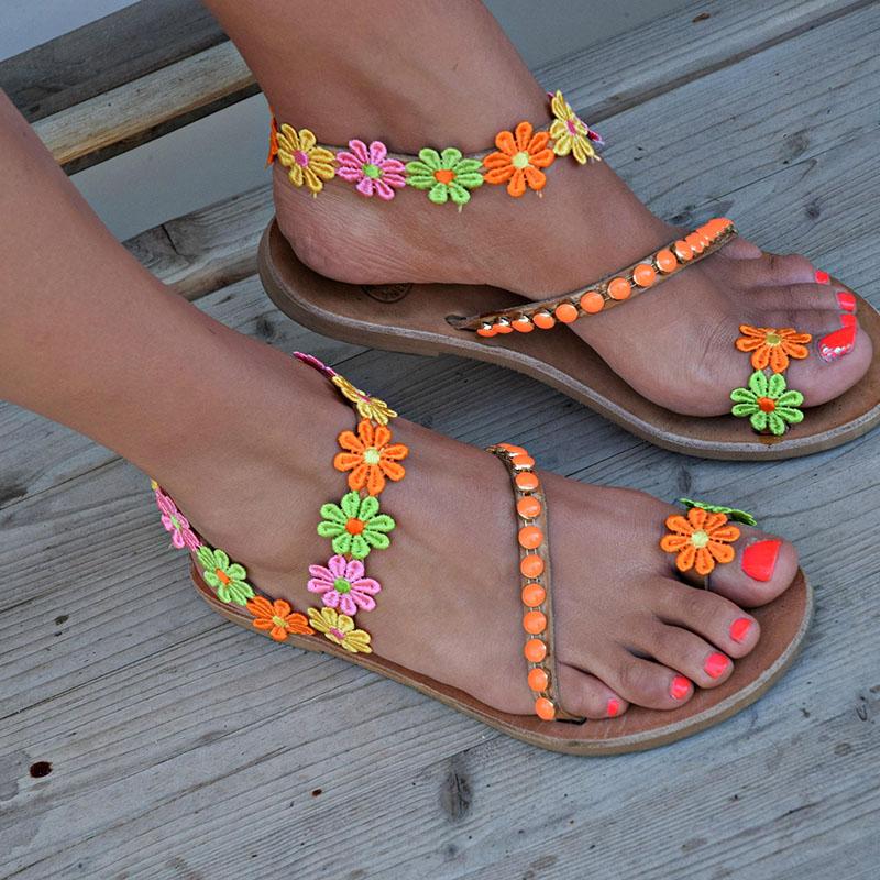 Ladies Handmade Sweet Flower Ankle Strap Flip-flop Flat Sandals Pavacat 