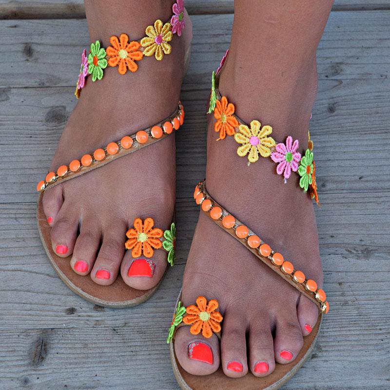 Ladies Handmade Sweet Flower Ankle Strap Flip-flop Flat Sandals Pavacat 