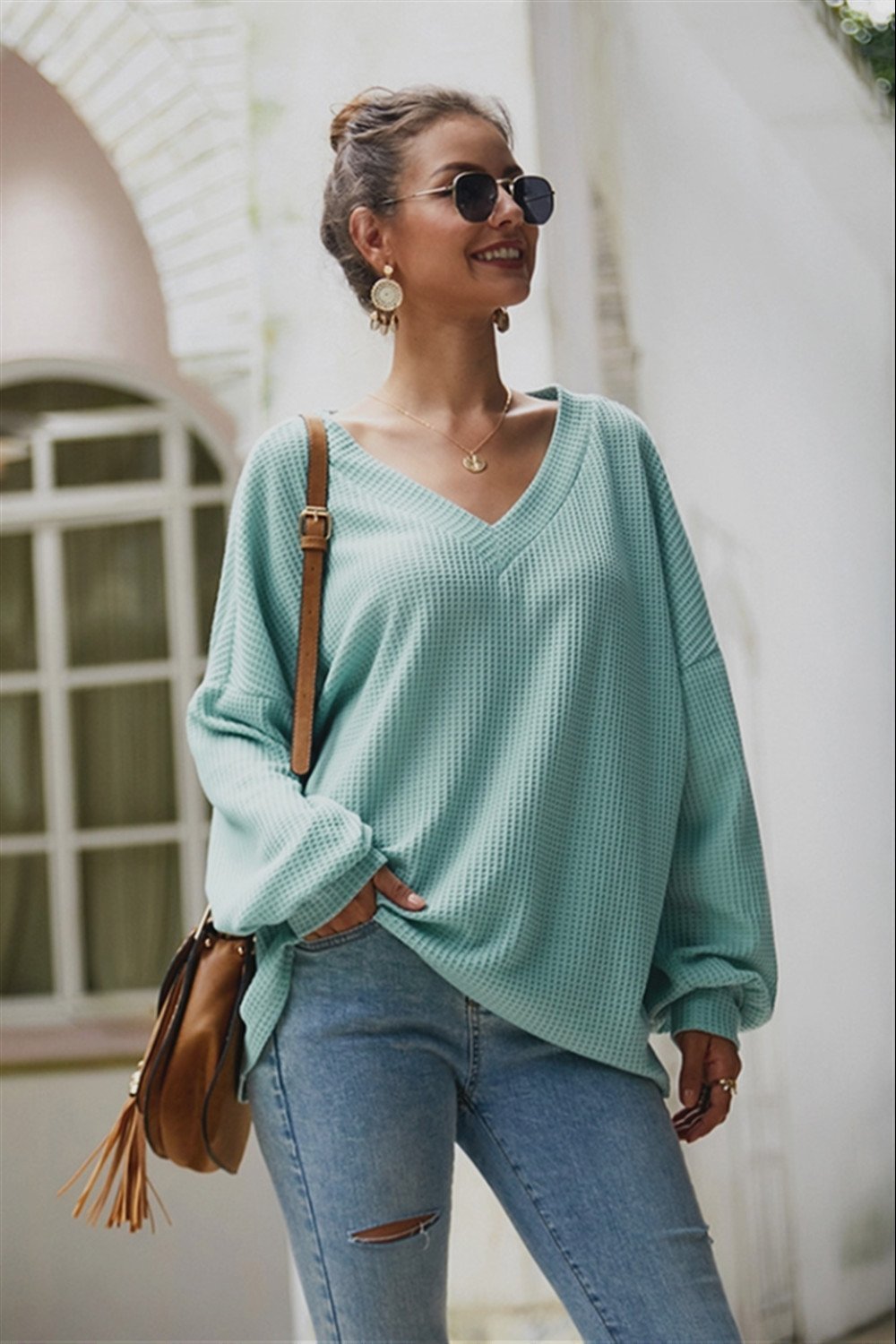 Lantern Sleeve V Neck Loose Sweater - Pavacat