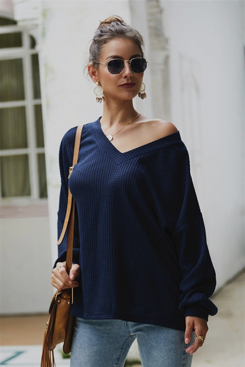 Lantern Sleeve V Neck Loose Sweater - Pavacat