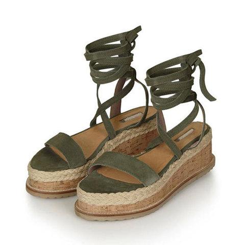 Leather Wedge Sandals Casual Lace Up Shoes - Pavacat