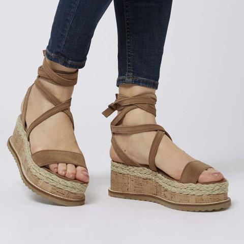 Leather Wedge Sandals Casual Lace Up Shoes - Pavacat