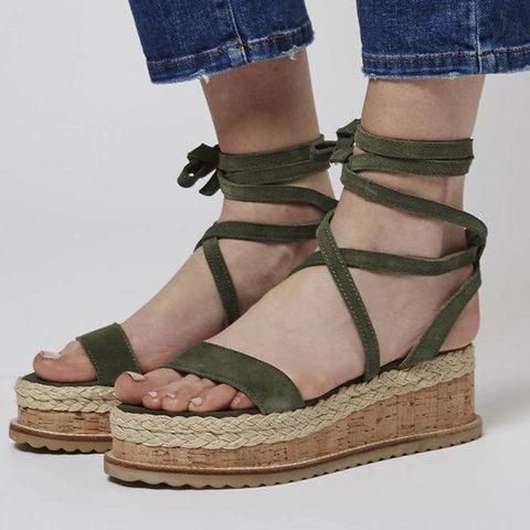 Leather Wedge Sandals Casual Lace Up Shoes - Pavacat