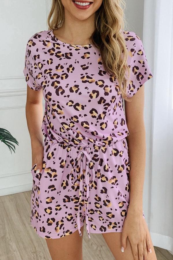 Leopard Print Pocket Drawstring Waist Jumpsuit Jumpsuits & Rompers 5201906191605 pink L 