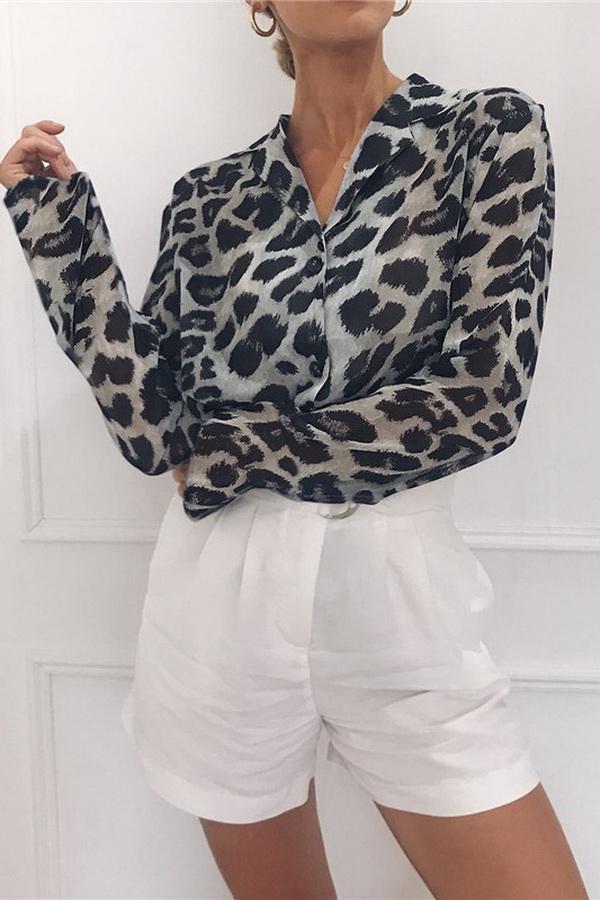 Leopard Print V-neck Long Sleeve Chiffon Jacket Blouses & Shirts 5201906151552 