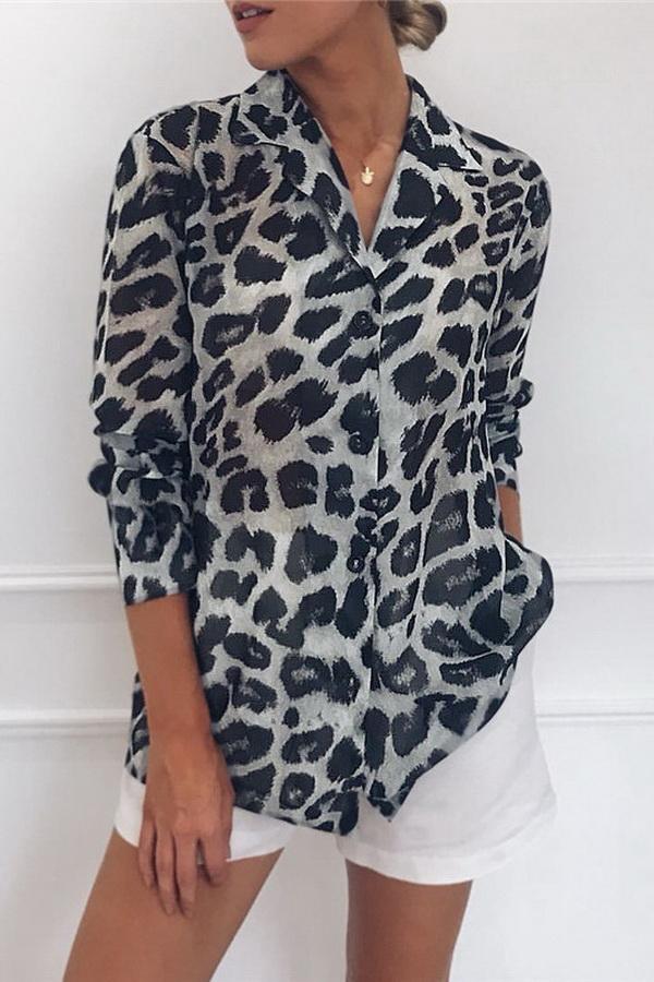 Leopard Print V-neck Long Sleeve Chiffon Jacket Blouses & Shirts 5201906151552 