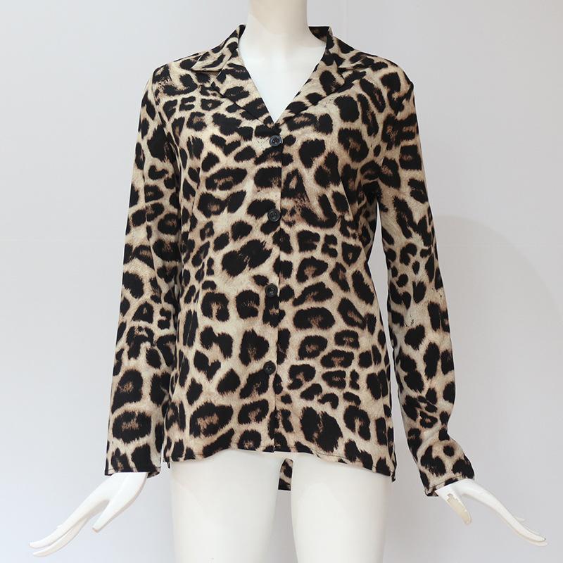 Leopard Print V-neck Long Sleeve Chiffon Jacket Blouses & Shirts 5201906151552 gray 3XL 