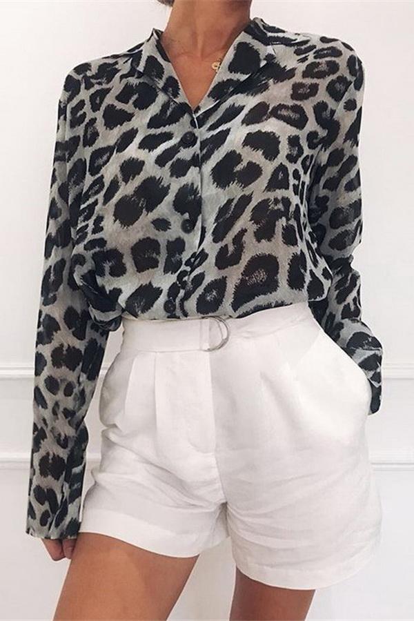 Leopard Print V-neck Long Sleeve Chiffon Jacket Blouses & Shirts 5201906151552 pink 3XL 