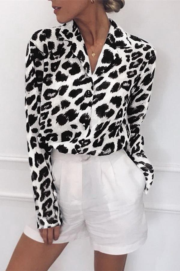 Leopard Print V-neck Long Sleeve Chiffon Jacket Blouses & Shirts 5201906151552 white 3XL 