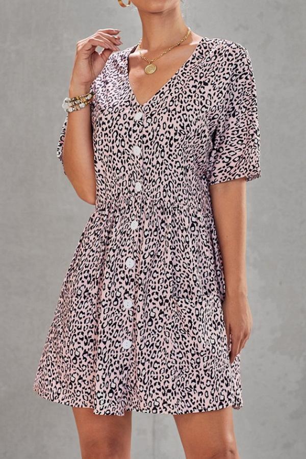 Leopard Print V-neck Loose Dress - Pavacat