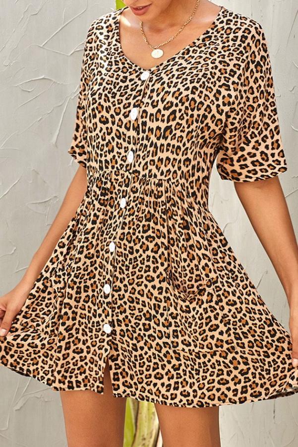 Leopard Print V-neck Loose Dress - Pavacat