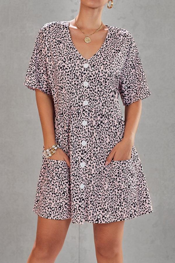 Leopard Print V-neck Loose Dress - Pavacat