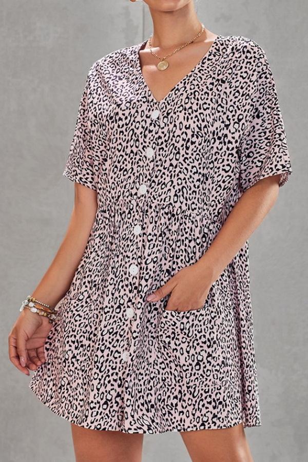 Leopard Print V-neck Loose Dress - Pavacat