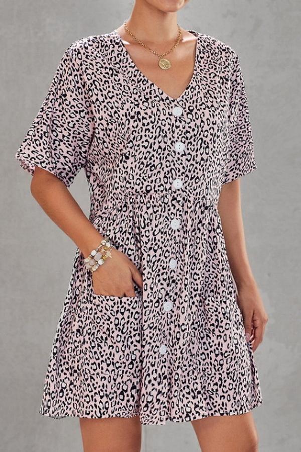 Leopard Print V-neck Loose Dress - Pavacat