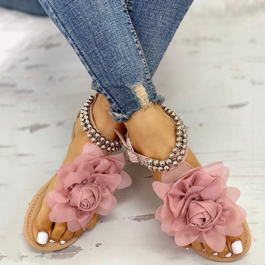 Mesh Floral Embellished Beaded Flat Sandals - Pavacat