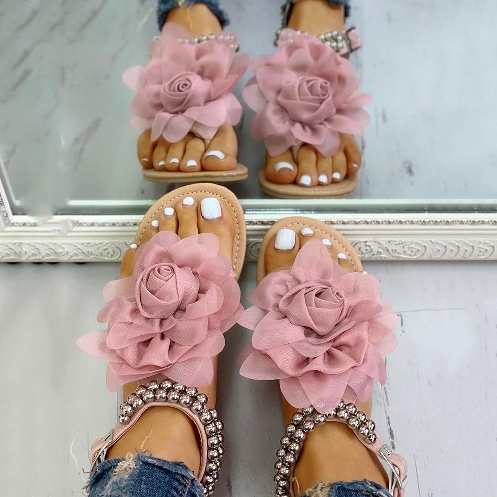 Mesh Floral Embellished Beaded Flat Sandals - Pavacat