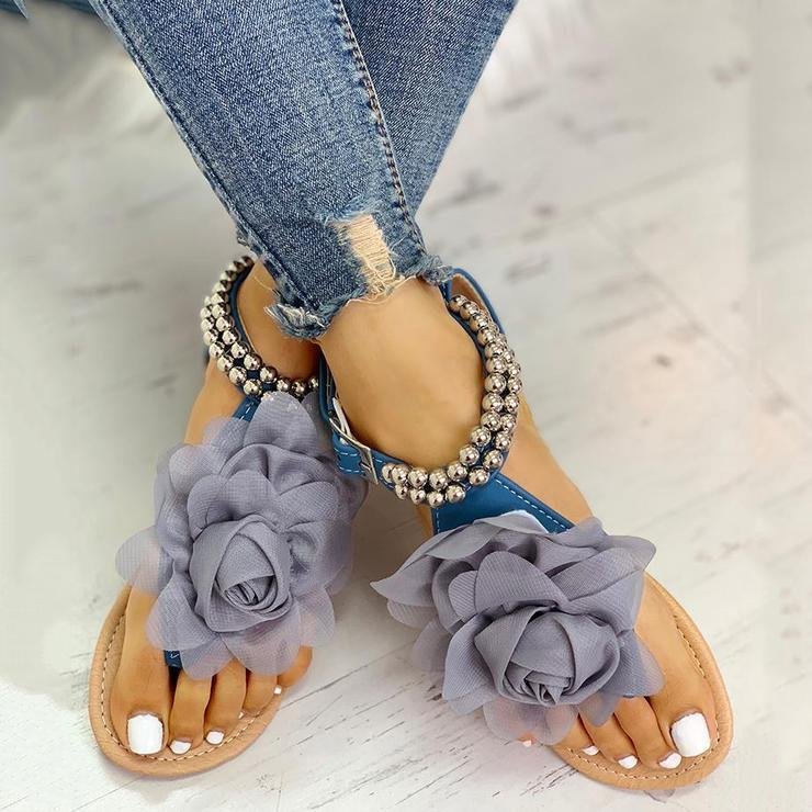 Mesh Floral Embellished Beaded Flat Sandals - Pavacat