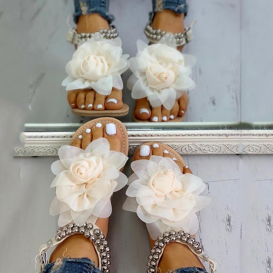 Mesh Floral Embellished Beaded Flat Sandals - Pavacat