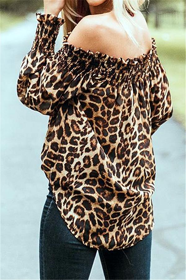 Off The Shoulder Leopard Loose Tee Blouses & Shirts 5201901201215 