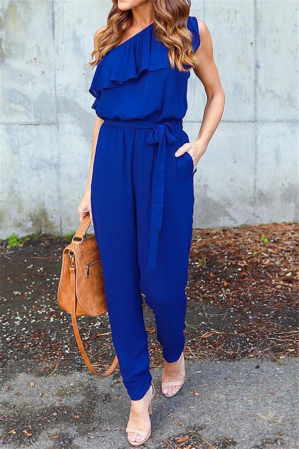 One Shoulder Ruffle Jumpsuit Jumpsuits & Rompers 5201812281531 L blue 