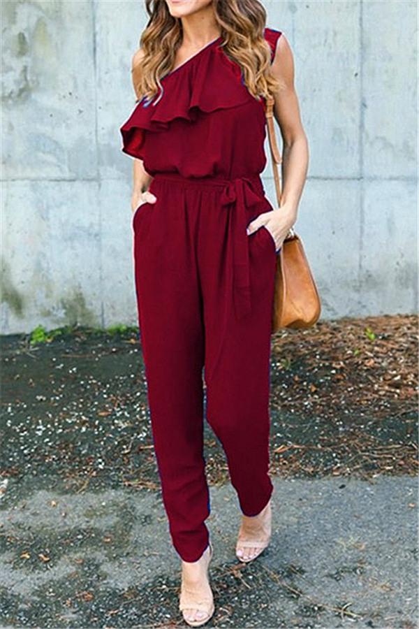 One Shoulder Ruffle Jumpsuit Jumpsuits & Rompers 5201812281531 L darkred 