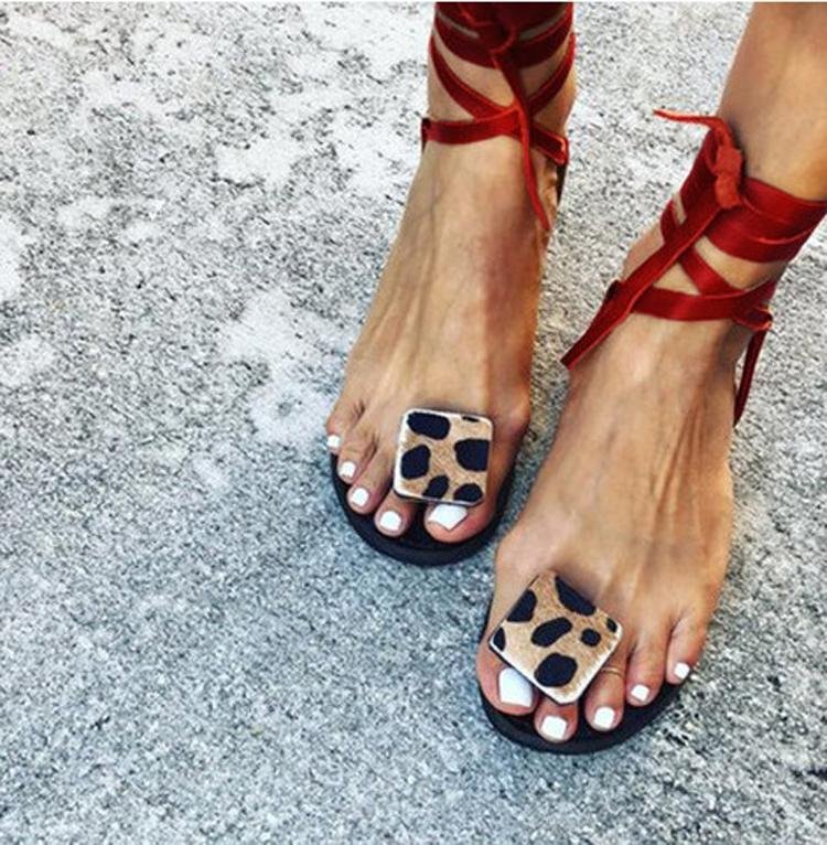 Open Toe Leopard Strap Sandals - Pavacat