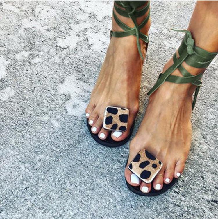 Open Toe Leopard Strap Sandals - Pavacat