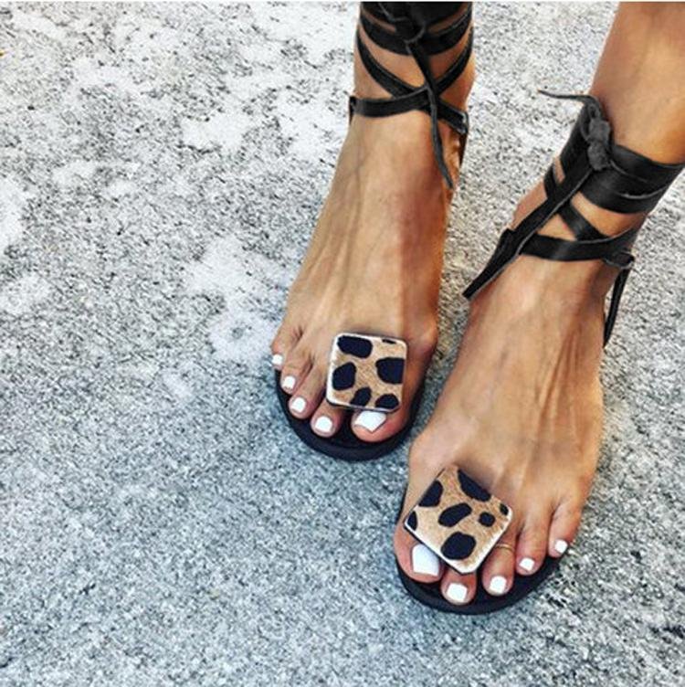 Open Toe Leopard Strap Sandals - Pavacat