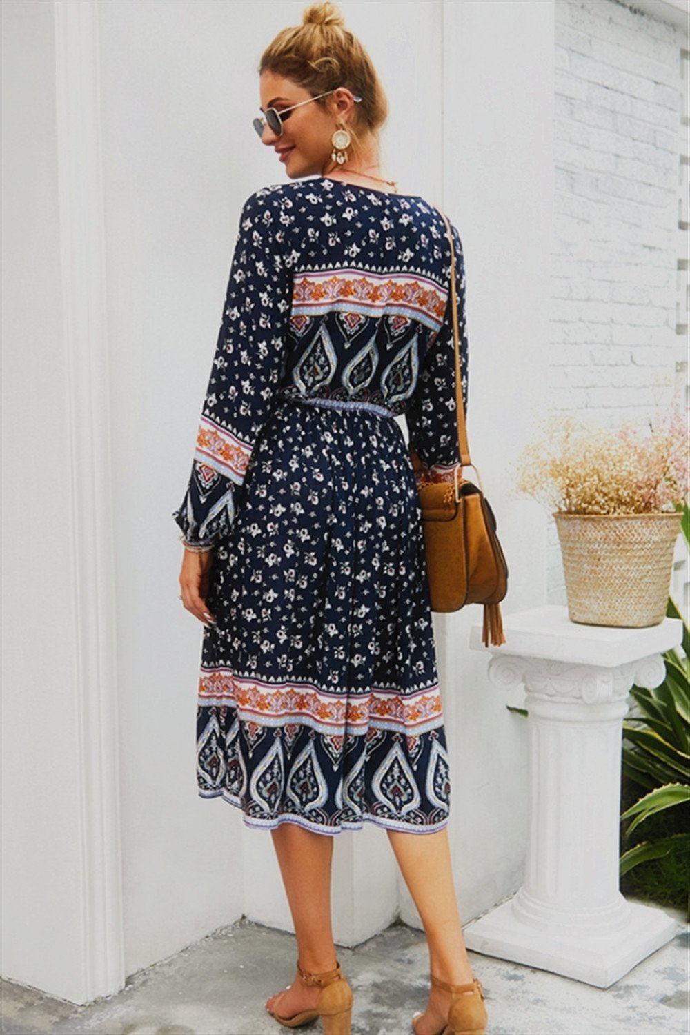 Paisley V Neck Long-sleeved Dress - Pavacat