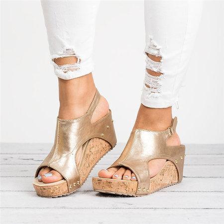 Peep Toe Pu Blocking Hook-loop Wedge Sandals Sandals xiaolai 34:8.5 Gold 