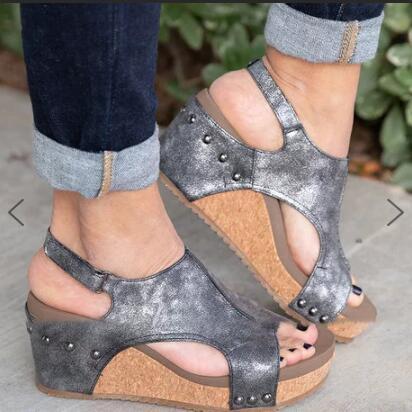 Peep Toe Pu Blocking Hook-loop Wedge Sandals Sandals xiaolai 34:8.5 Gray 