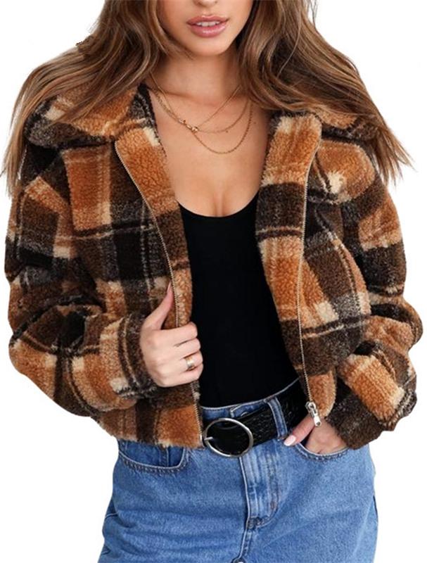 Plaid Faux Fur Cropped Biker Down Jacket Coat Simplee 