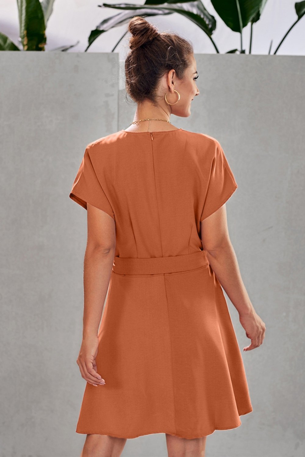 Plain V Neck Belt A-line Dress - Pavacat