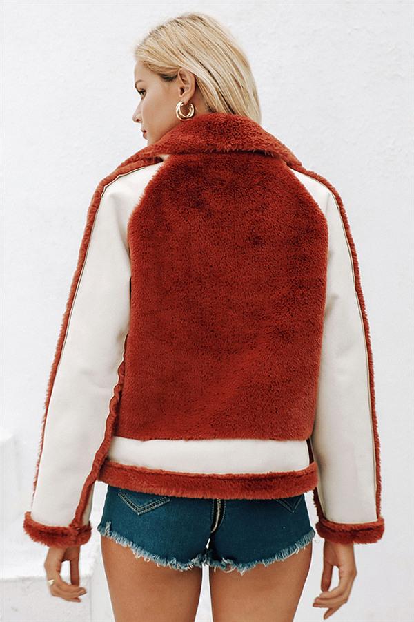 Plush Faux Fur Zipper Jacket - Red Coat Simplee 