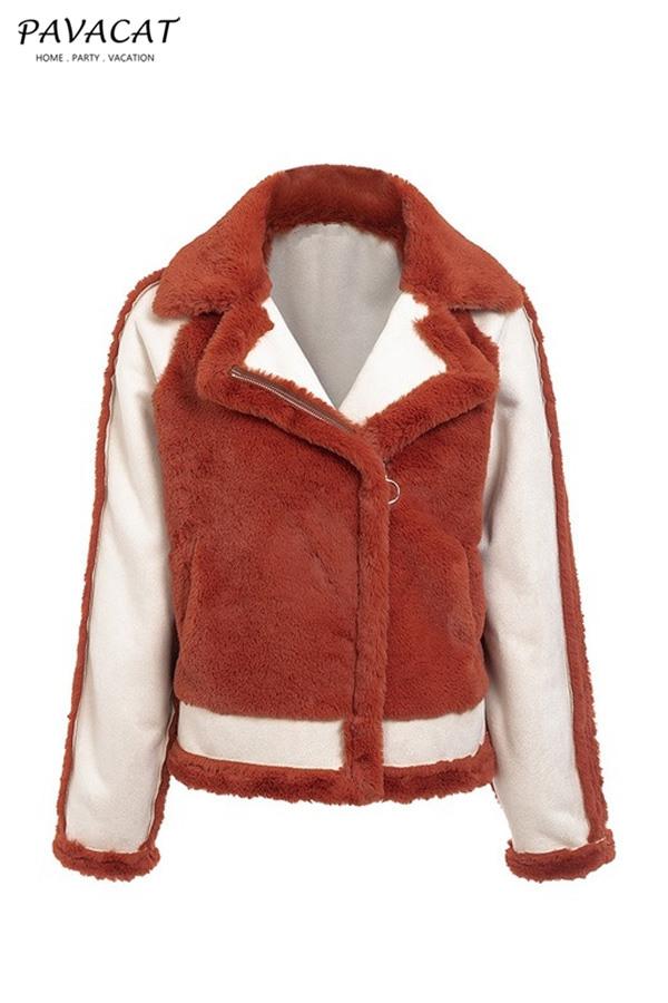 Plush Faux Fur Zipper Jacket - Red Coat Simplee 